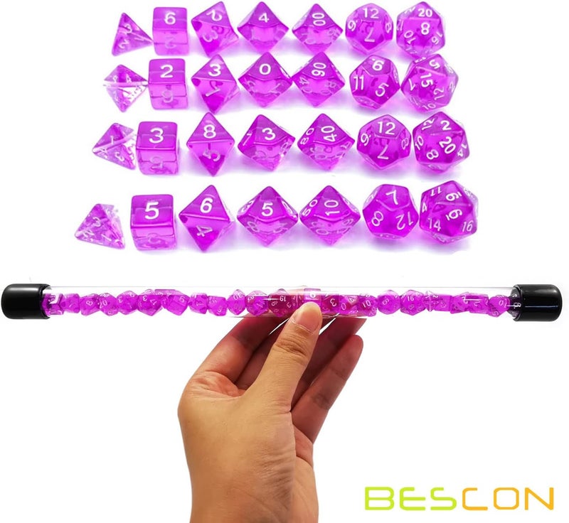 Bescon 28pcs Translucent Purple Mini Polyhedral Dice Set in Tube, for Dungeons and Dragons RPG Dice 4X7pcs,Mini Gem Violet Dice Set - Image 2