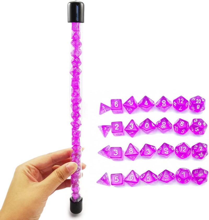 Bescon 28pcs Translucent Purple Mini Polyhedral Dice Set in Tube, for Dungeons and Dragons RPG Dice 4X7pcs,Mini Gem Violet Dice Set - Image 1