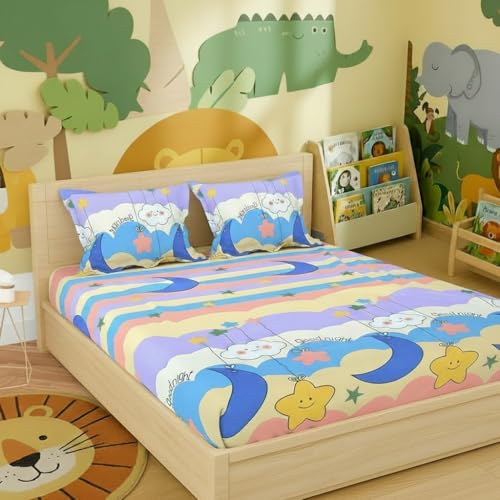 Filymore Kids Good Night Bed Sheet for Double Bed Made with Microfiber 240 TC Wrinkle Free Soft | Good Night bedsheet for Kids Double/King Size Bed (90x95 Inches/Boys Girls Room)(SkyBlue) - Image 1