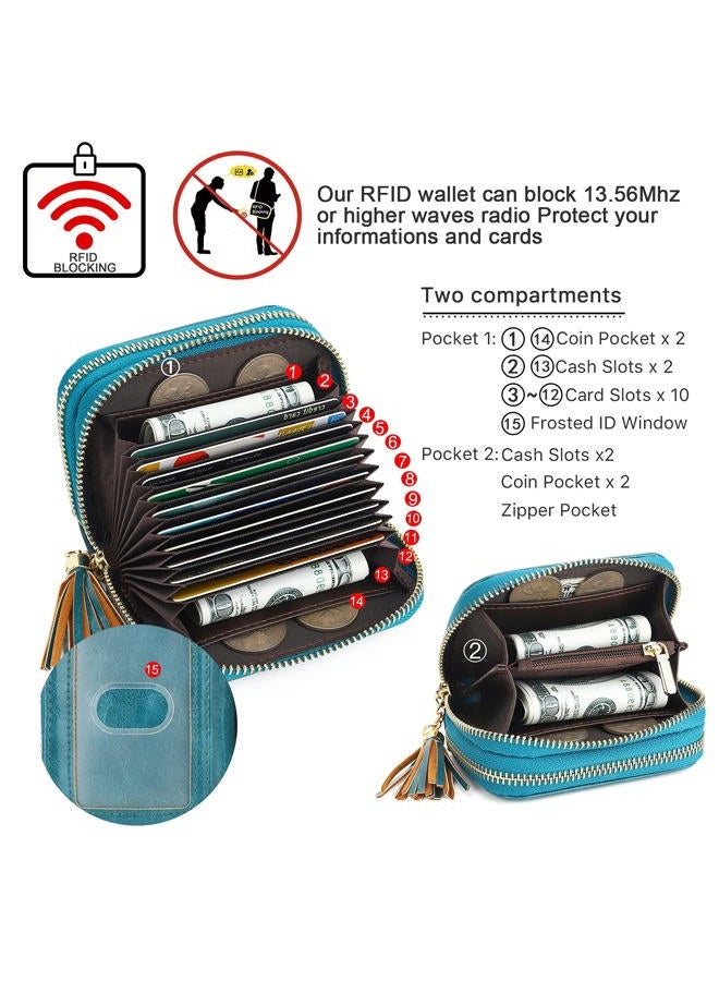 APHISON RFID Credit Card Holder Double Zipper Card Case Small Wallets for Women Leather Multifunctional Holders Sunflower style Ladies Girls/Gift Box 1942-2 PEACOCK-BLUE - Image 3
