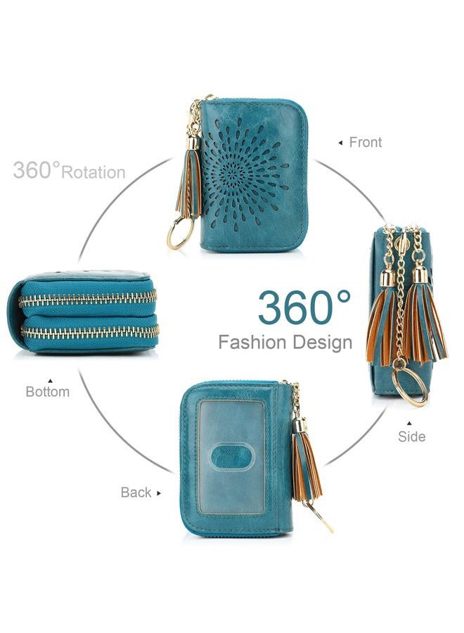 APHISON RFID Credit Card Holder Double Zipper Card Case Small Wallets for Women Leather Multifunctional Holders Sunflower style Ladies Girls/Gift Box 1942-2 PEACOCK-BLUE - Image 2