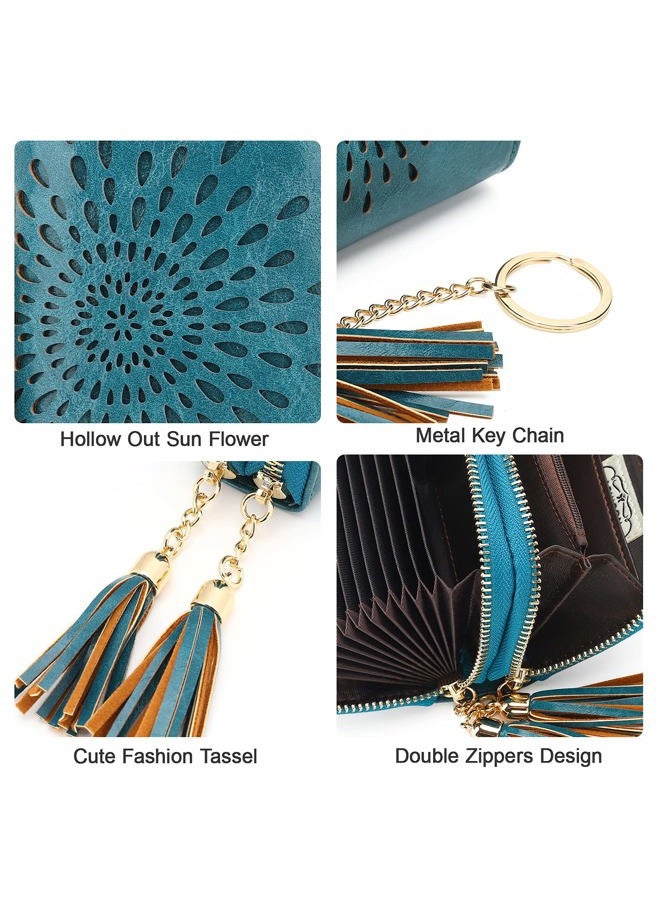 APHISON RFID Credit Card Holder Double Zipper Card Case Small Wallets for Women Leather Multifunctional Holders Sunflower style Ladies Girls/Gift Box 1942-2 PEACOCK-BLUE - Image 4