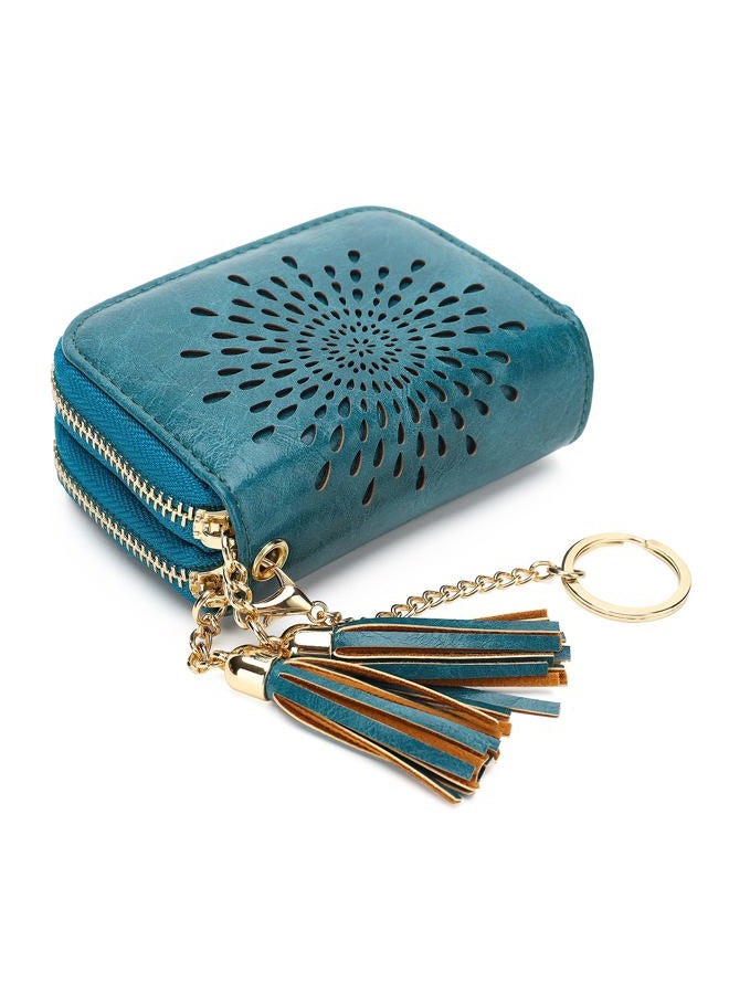 APHISON RFID Credit Card Holder Double Zipper Card Case Small Wallets for Women Leather Multifunctional Holders Sunflower style Ladies Girls/Gift Box 1942-2 PEACOCK-BLUE - Image 1