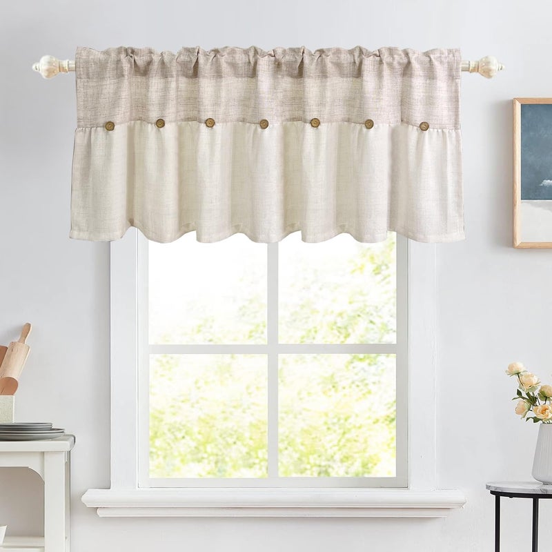 AiFMQQ Farmhouse Boho Linen Button Valance for Kitchen Window Dining Room Rustic Cafe Cotton Valance for Small Windows Bathroom Bedroom Vintage Macrame Valances Rod Pocket 1 Panel (Beige,W39 L20 inch) - Image 1