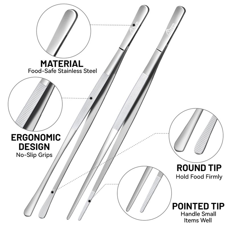 Hotec Kitchen Tweezers Stainless Steel Fine Kitchen Tongs for Cooking, Extra-Long Kitchen Tweezers Food Tongs, Set of 2-12inch - Image 5