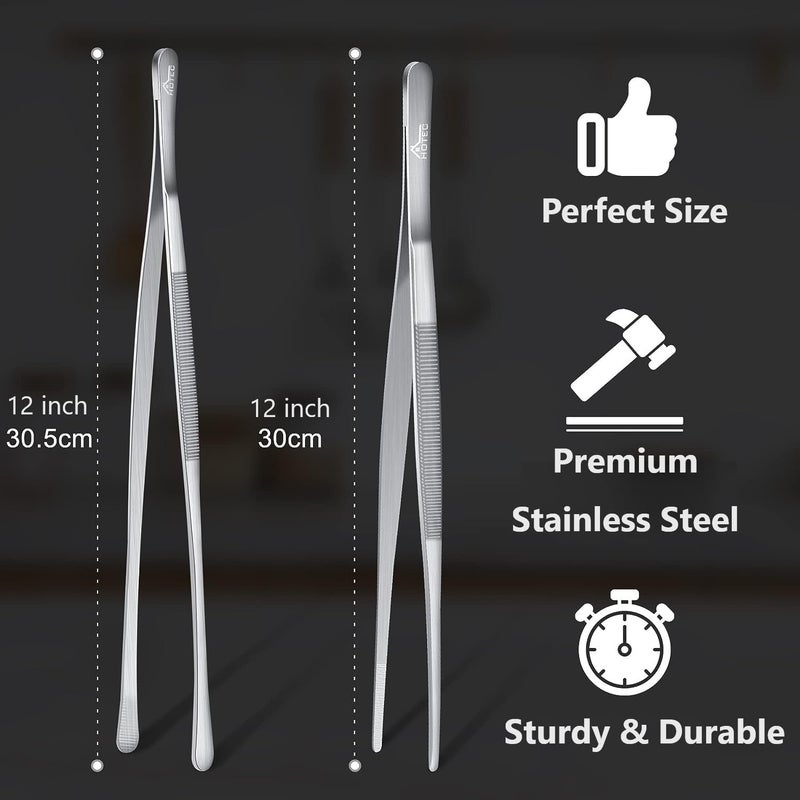 Hotec Kitchen Tweezers Stainless Steel Fine Kitchen Tongs for Cooking, Extra-Long Kitchen Tweezers Food Tongs, Set of 2-12inch - Image 2