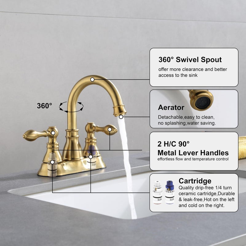 Derengge Two Handle Bathroom Sink Faucet 3 Hole With Overflow Pop Up Drain  360 Swivel Spout 4 Inch Centerset Lavatory Faucet Without Water Supply Lines F-4501-Cs - Image 4