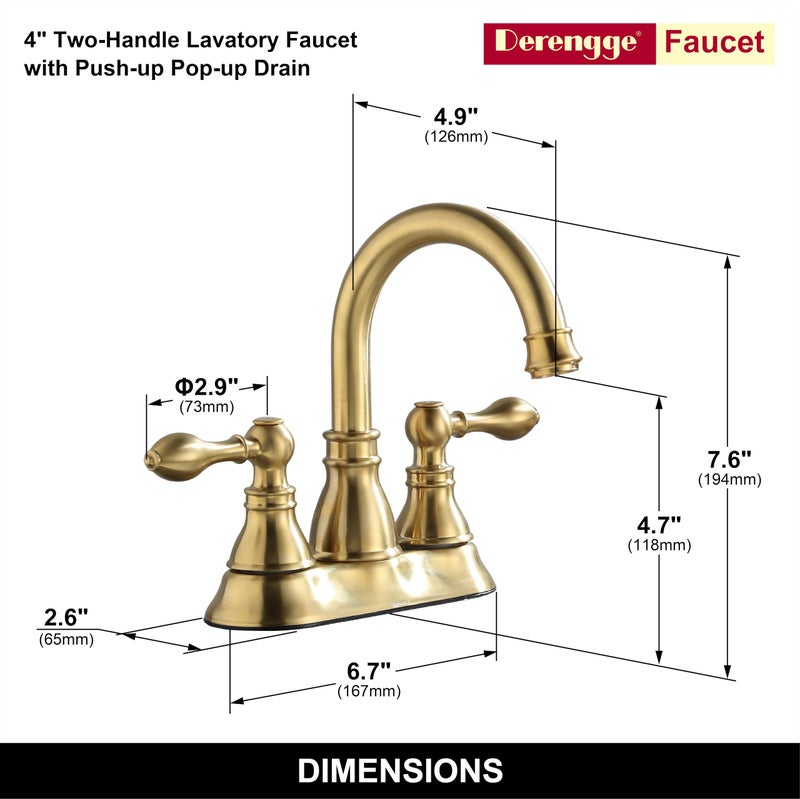 Derengge Two Handle Bathroom Sink Faucet 3 Hole With Overflow Pop Up Drain  360 Swivel Spout 4 Inch Centerset Lavatory Faucet Without Water Supply Lines F-4501-Cs - Image 2