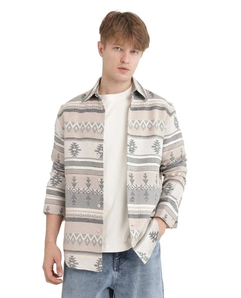 Rare Rabbit Rare Rabbit Men's Pinter Beige Cotton Blend Fabric Full Sleeve Regular Collared Button Closure Relaxed Fit Jacquard Shirt
