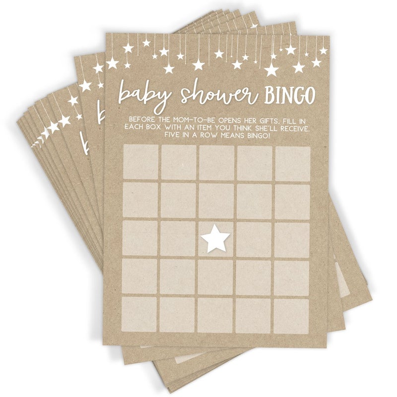 Printed Party Baby Shower Games Bingo Game for Boy or Girl Rustic Kraft Paper Theme 50 Cards