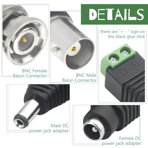 WMYCONGCONG 20 PCS 2.1x5.5mm Female and Male DC Power Adapter Connector + 20 PCS Camera Video BNC Male and Female Balun Connector for Coax Cat5 CCTV - Image 3