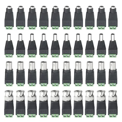 WMYCONGCONG 20 PCS 2.1x5.5mm Female and Male DC Power Adapter Connector + 20 PCS Camera Video BNC Male and Female Balun Connector for Coax Cat5 CCTV - Image 1