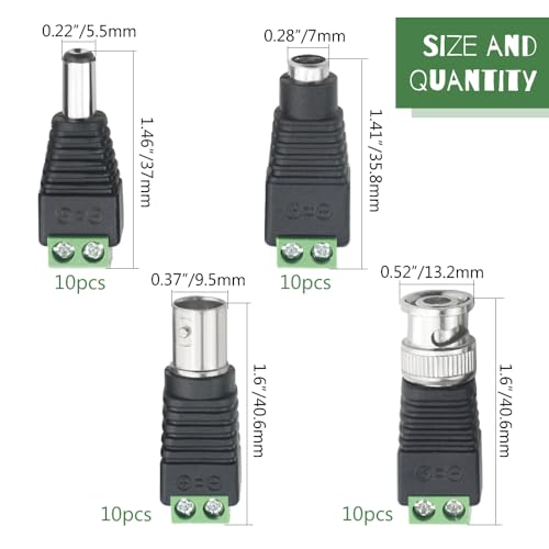 WMYCONGCONG 20 PCS 2.1x5.5mm Female and Male DC Power Adapter Connector + 20 PCS Camera Video BNC Male and Female Balun Connector for Coax Cat5 CCTV - Image 2
