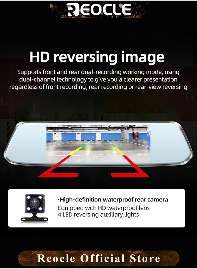 REOCLE - 2K Mirror Dash Cam Backup Camera 1080P Full HD Smart Rearview Mirror with Night Vision & Parking Assistance Front and Rear View Dual Cameras for Cars & Trucks - Image 1