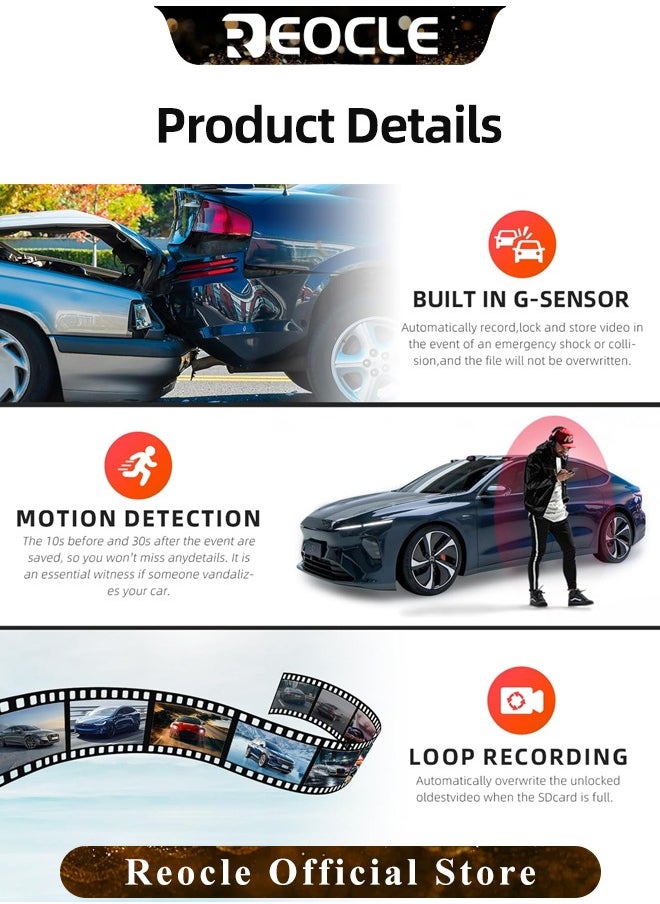 REOCLE - 2K Mirror Dash Cam Backup Camera 1080P Full HD Smart Rearview Mirror with Night Vision & Parking Assistance Front and Rear View Dual Cameras for Cars & Trucks - Image 1