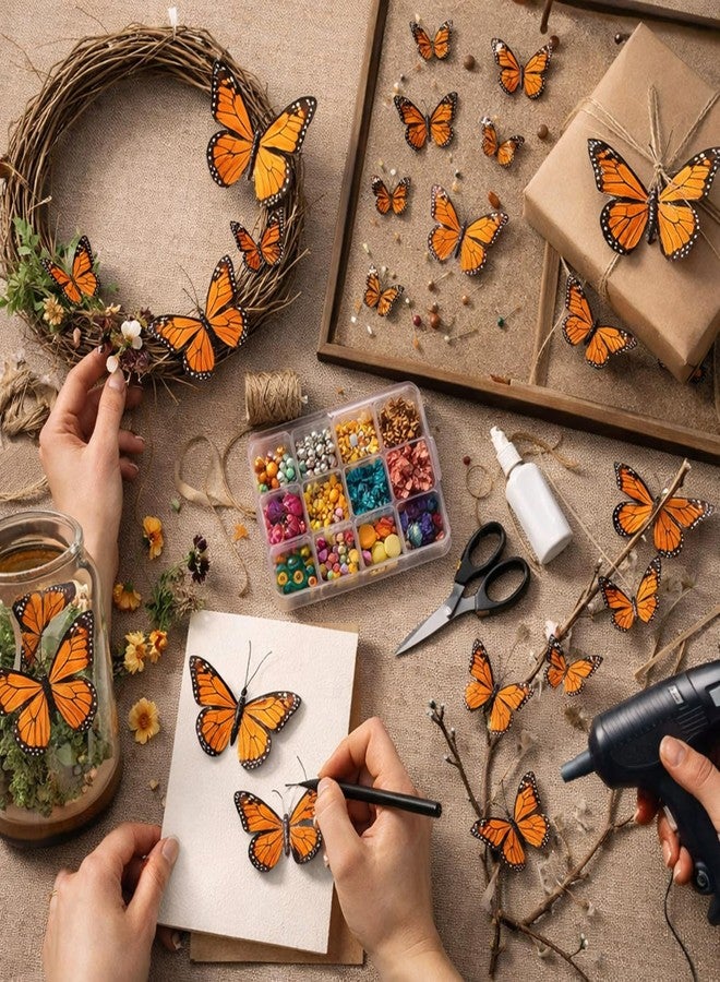 Chuangdi Feather Butterfly Decorations 36 Pcs Orange 3size Monarch Wall & Party Decor for Wedding, DIY Crafts Lightweight Artificial Feather Butterflies for Home Indoor Outdoor - Image 4