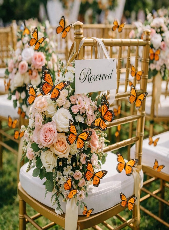Chuangdi Feather Butterfly Decorations 36 Pcs Orange 3size Monarch Wall & Party Decor for Wedding, DIY Crafts Lightweight Artificial Feather Butterflies for Home Indoor Outdoor - Image 2