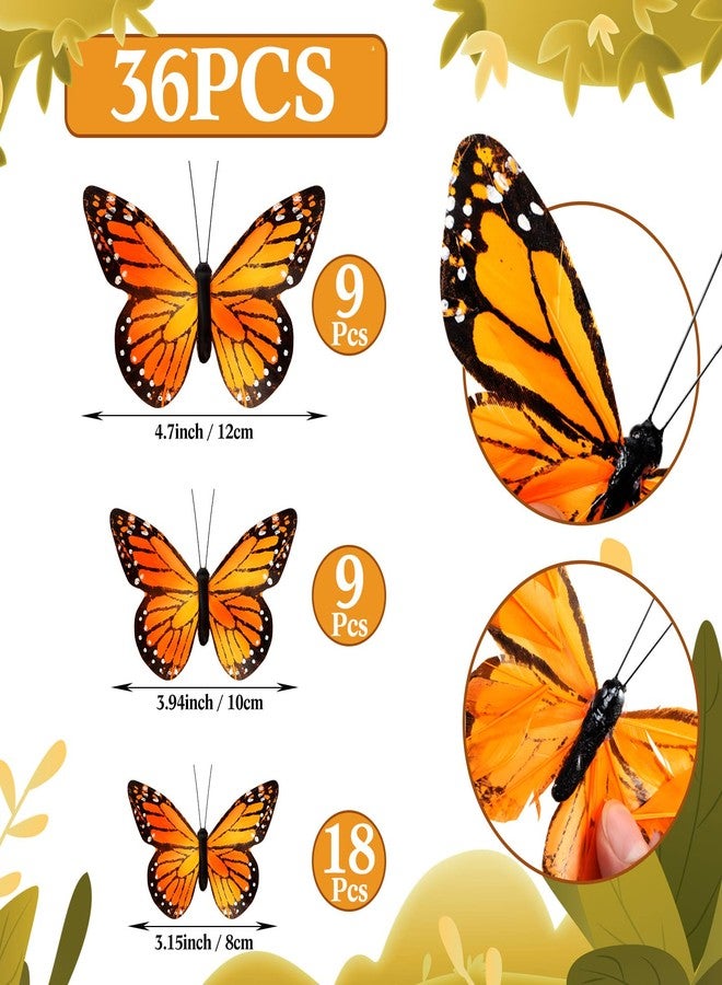 Chuangdi Feather Butterfly Decorations 36 Pcs Orange 3size Monarch Wall & Party Decor for Wedding, DIY Crafts Lightweight Artificial Feather Butterflies for Home Indoor Outdoor - Image 3