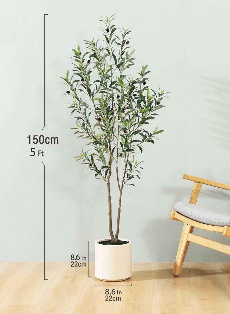 Zvezvia Artificial Olive Tree, 150cm Tall Faux Olive Silk Tree for Indoor Decor, Large Olive Plant with White Planter – Perfect for Home Decor & Housewarming Gift, 1 Pack - Image 5
