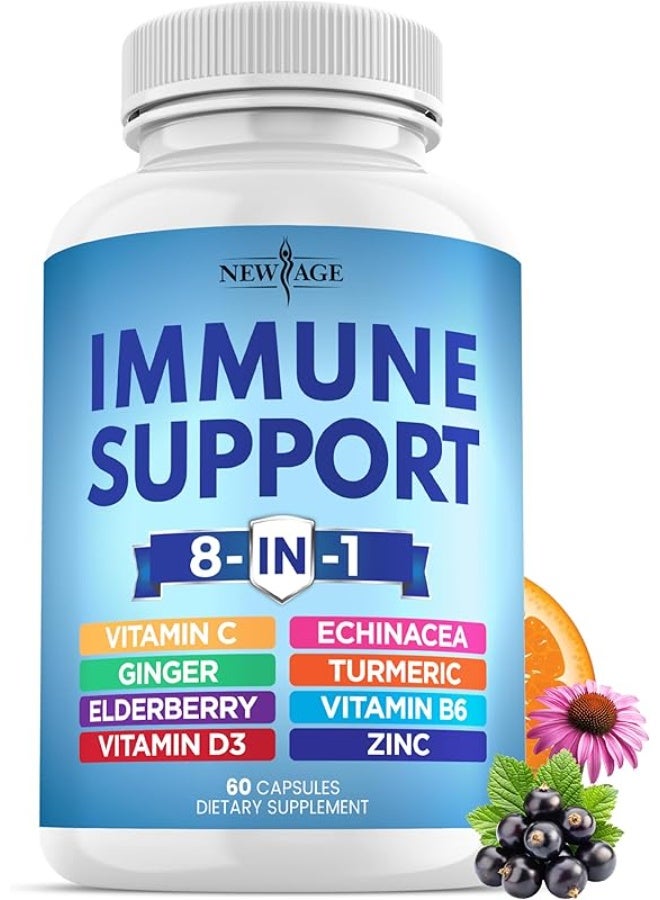 نيو إيدج نيو ايج مكمل غذائي 8 في 1 لدعم المناعة مع إشنسا وفيتامين C والزنك 50 ملغ وفيتامين D 5000 وحدة دولية وكركم وزنجبيل وB6 والبلسان 60 قطعة - Image 1