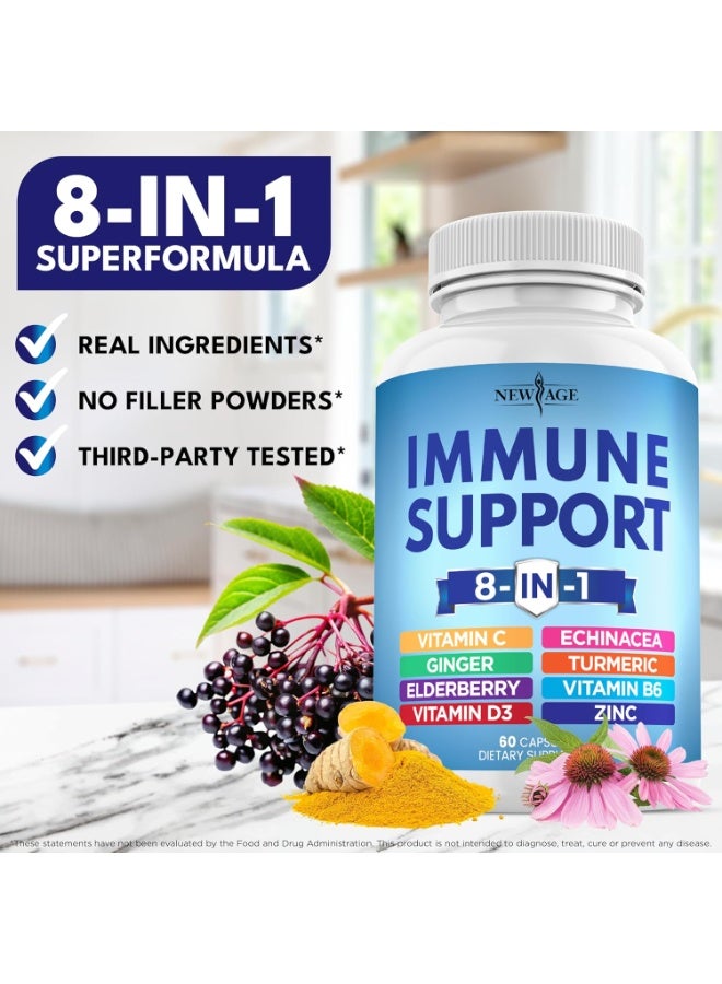 نيو إيدج نيو ايج مكمل غذائي 8 في 1 لدعم المناعة مع إشنسا وفيتامين C والزنك 50 ملغ وفيتامين D 5000 وحدة دولية وكركم وزنجبيل وB6 والبلسان 60 قطعة - Image 2