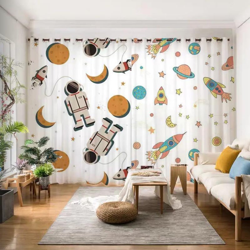 CME Boys' Bedroom Space Cartoon Curtain, Simple Style for Kids' Room, No-Drill Hook, Blackout Curtain - Image 1