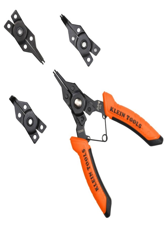 Klein Tools 73066 Convertible Snap Ring Pliers Set, 6-in-1 Internal External Clip Pliers, 4 Interchangeable Heads with Straight, 45- Degree and 90-Degree Angles - Image 1