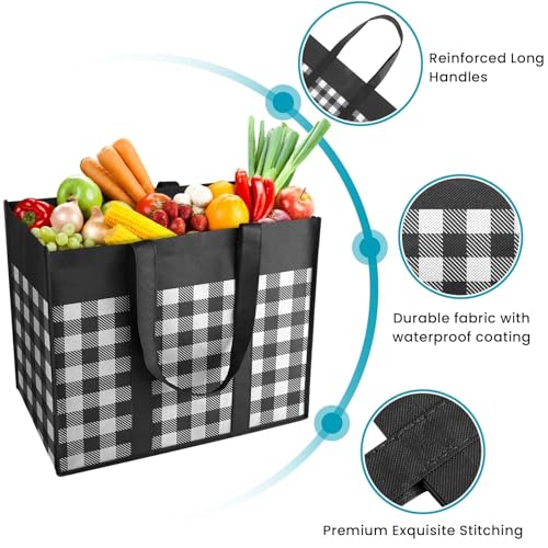WOWBOX Reusable Grocery Bags,4-Pack, Foldable Reusable Shopping Tote Bags bulk with Reinforced Handles,Large Storage Bags with Water Resistant Coating for Groceries,Multipurpose,Black-White - Image 3