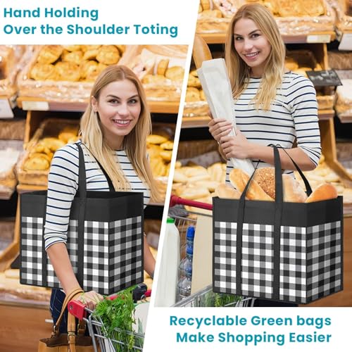WOWBOX Reusable Grocery Bags,4-Pack, Foldable Reusable Shopping Tote Bags bulk with Reinforced Handles,Large Storage Bags with Water Resistant Coating for Groceries,Multipurpose,Black-White - Image 5