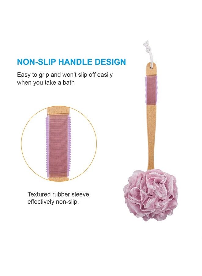 AmazerBath Shower Sponge Loofah Back Scrubber, PE Soft Mesh Loofah Body Scrubber with Long Wooden Handle, Bath Sponge for Men Women (Pink)