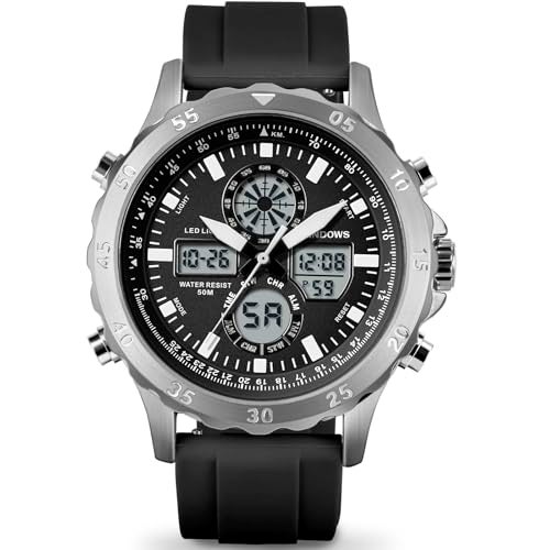 PINDOWS Watch for Men, Waterproof Big Dial Analog Digital Sport Multifunction LED Backlight Fashion Wristwatches, Alarm Stopwatch Calendar - Image 1