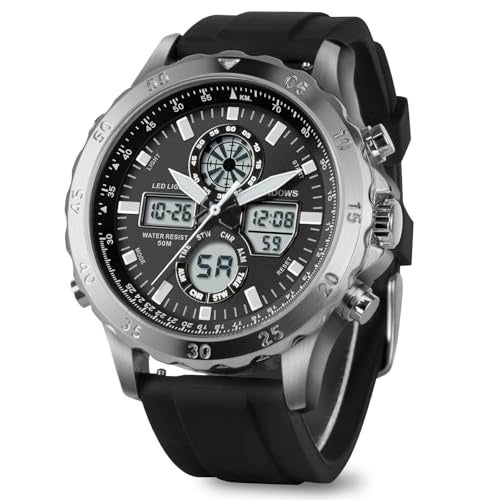 PINDOWS Watch for Men, Waterproof Big Dial Analog Digital Sport Multifunction LED Backlight Fashion Wristwatches, Alarm Stopwatch Calendar - Image 2