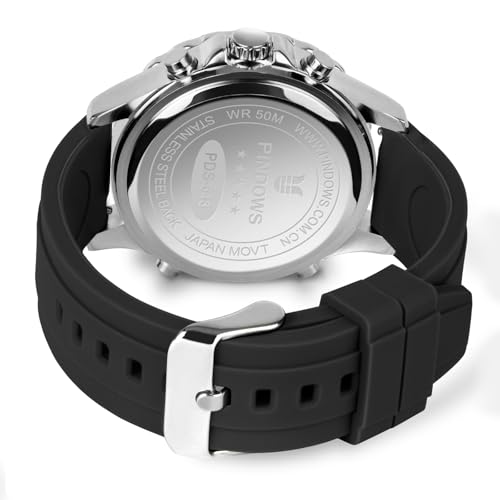 PINDOWS Watch for Men, Waterproof Big Dial Analog Digital Sport Multifunction LED Backlight Fashion Wristwatches, Alarm Stopwatch Calendar - Image 3