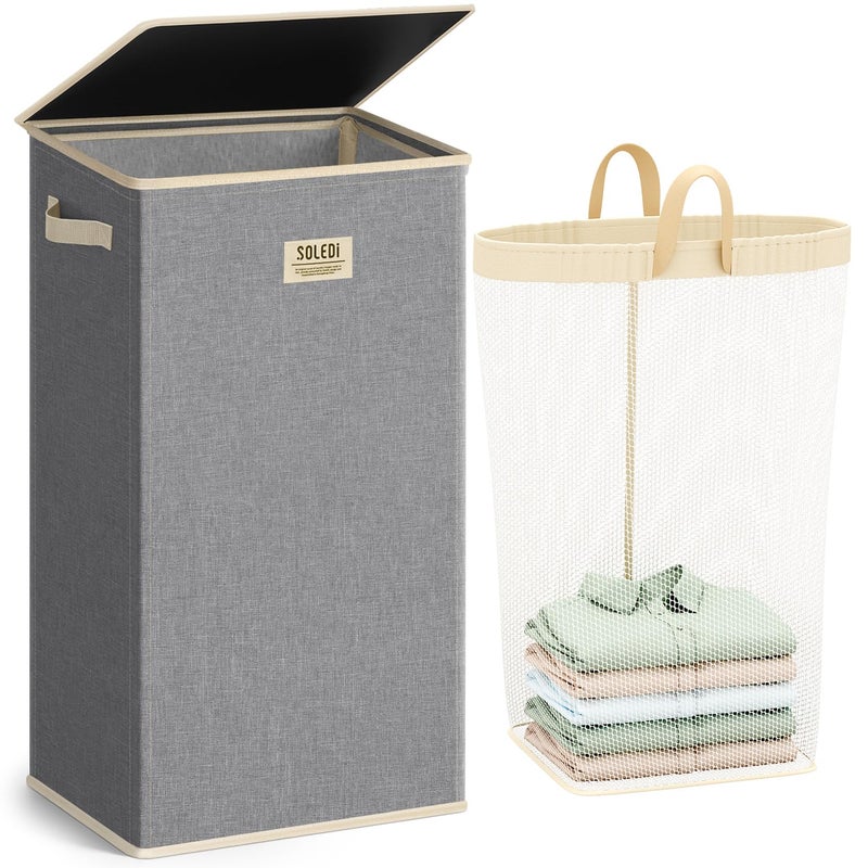 SOLEDI Laundry Hamper with Lid 100L Large & Tall Collapsible Laundry Basket, Clothes Hamper with Bag Removable Easy to Carry, Dirty Hampers for Bedroom, Bathroom, Dorm, College, Light Grey - Image 1