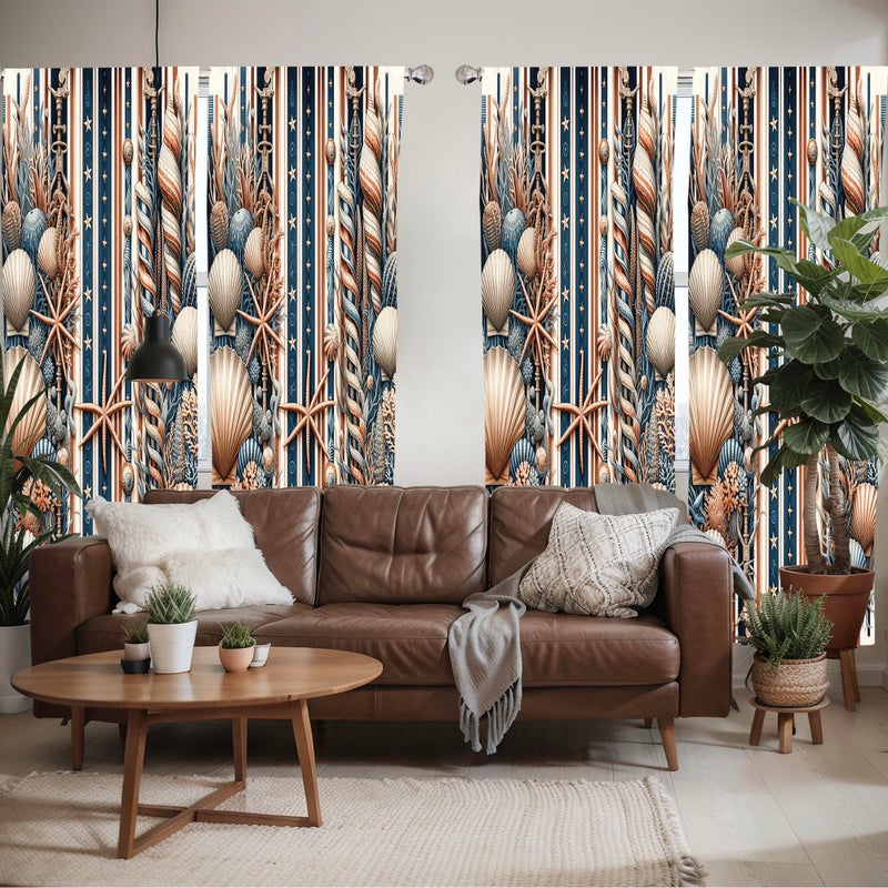 أمبيسون Ambesonne Coastal Window Stertains حزمة من 2 مزيج تصميم من STARFFISH Seasshell والشكلات الشعاب المرجانية الفرس البحري الفن خفيف الوزن مع الجيب قضيب 4 لوحات - 28 "× 95" "البحر الأزرق السلمون شاحب - Image 2