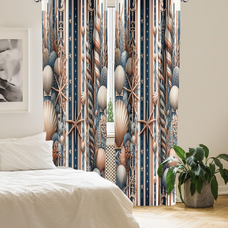 أمبيسون Ambesonne Coastal Window Stertains حزمة من 2 مزيج تصميم من STARFFISH Seasshell والشكلات الشعاب المرجانية الفرس البحري الفن خفيف الوزن مع الجيب قضيب 4 لوحات - 28 "× 95" "البحر الأزرق السلمون شاحب - Image 3