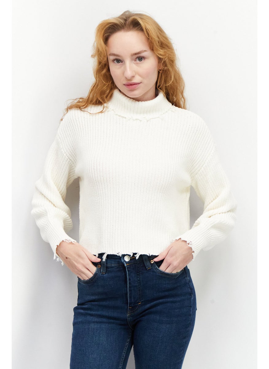 525 America Women Mock Neck Long Sleeve Textured Sweater, Off White  - Image 1