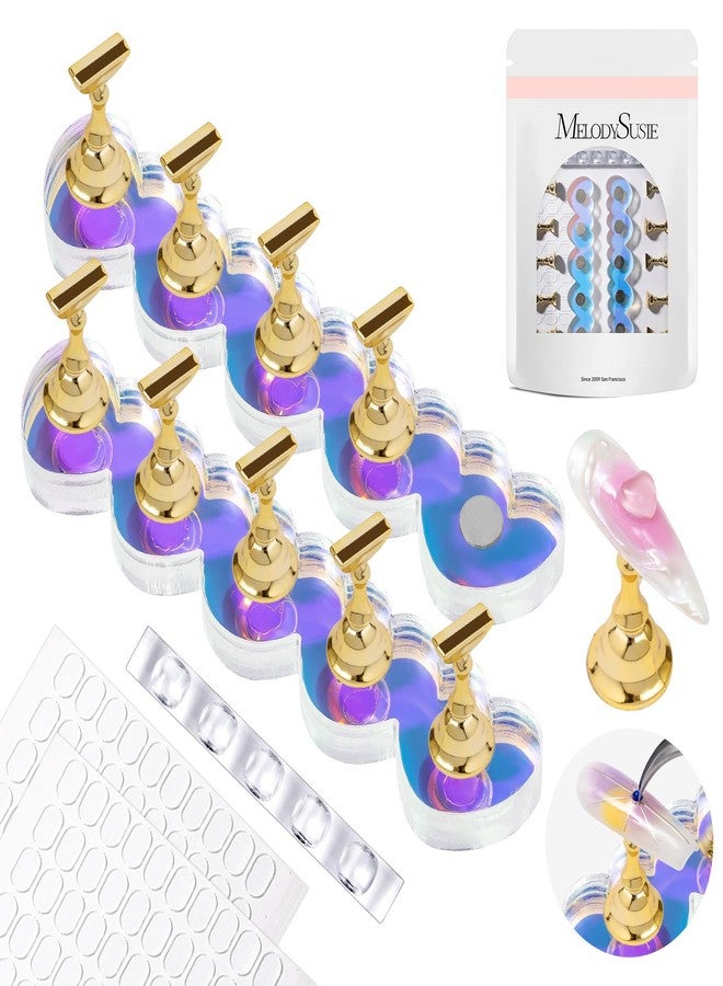 MelodySusie Nail Stand for Press Ons, Blue Heart Shape Magnetic Base for Practice Display Tips with Brush Holder and 100 Pcs Reusable Double-Sided Tape for Home DIY Salon Supplies - Image 1