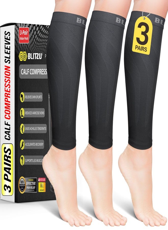 BLITZU 3 Pairs Calf Compression Sleeves for Men and Women. Footless Compression Socks & Leg Support for Running, Travel, Nursing, Fitness. Shin Splints Pain Relief & Reduce Swelling Black L-XL - Image 1