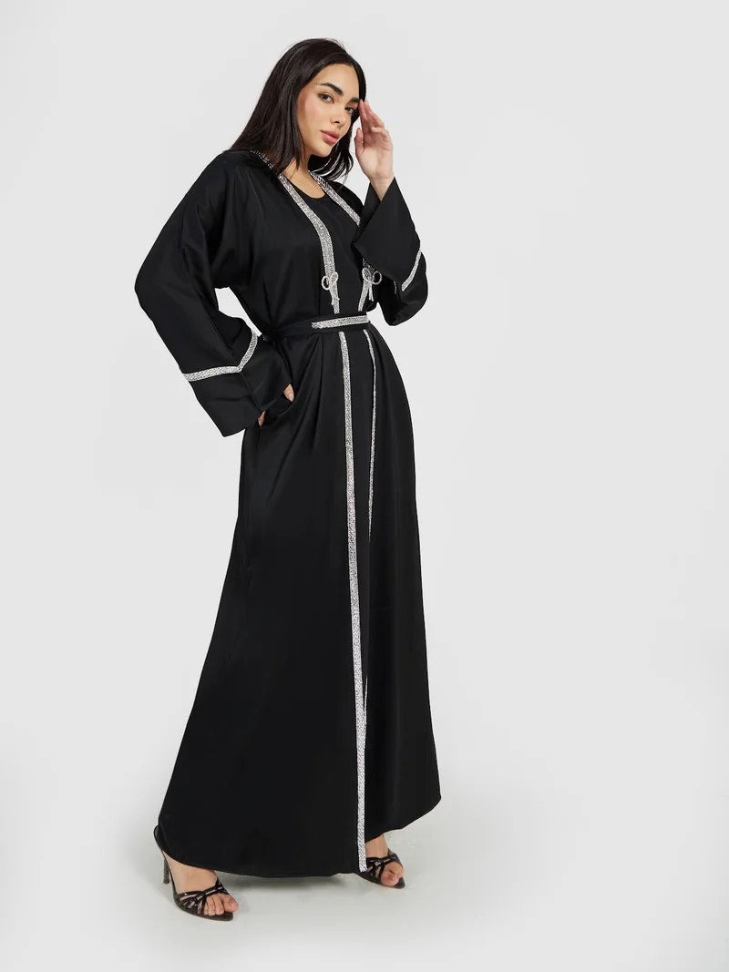 Reem Abayas Black Crystal-Border Luxury Abaya Set
