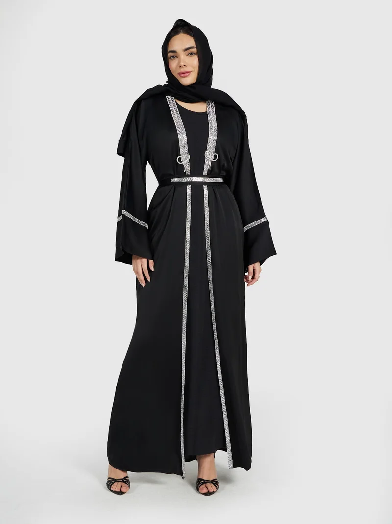 Reem Abayas Black Crystal-Border Luxury Abaya Set
