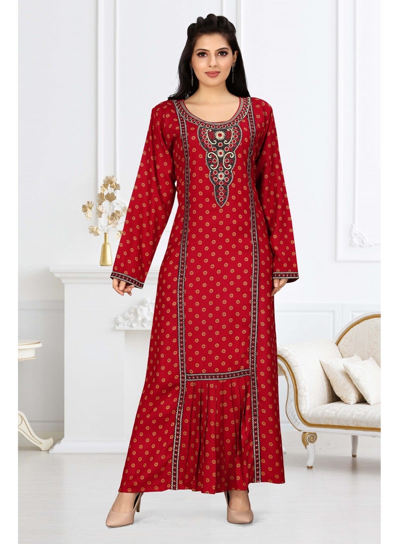 Zainah Elegant Printed Maxi Jalabiya Dress for Women - Round Neck Embroidered Caftan - Long Sleeve Modest Wear - Image 1