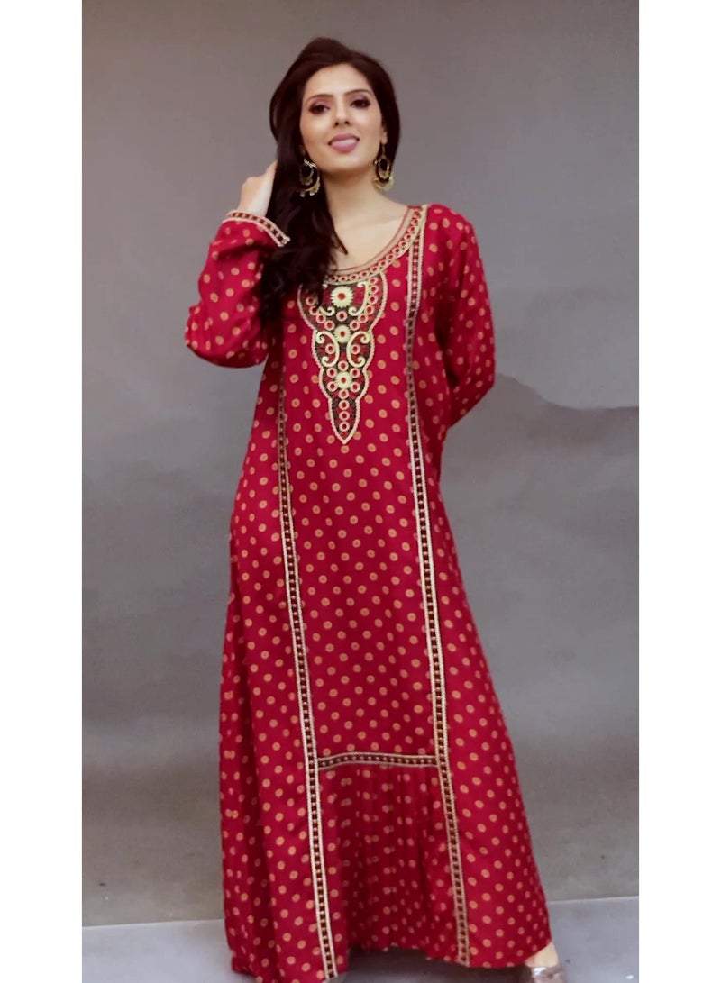 Zainah Elegant Printed Maxi Jalabiya Dress for Women - Round Neck Embroidered Caftan - Long Sleeve Modest Wear - Image 4