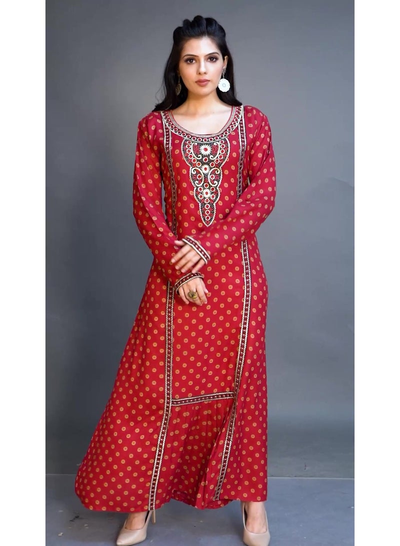 Zainah Elegant Printed Maxi Jalabiya Dress for Women - Round Neck Embroidered Caftan - Long Sleeve Modest Wear - Image 5