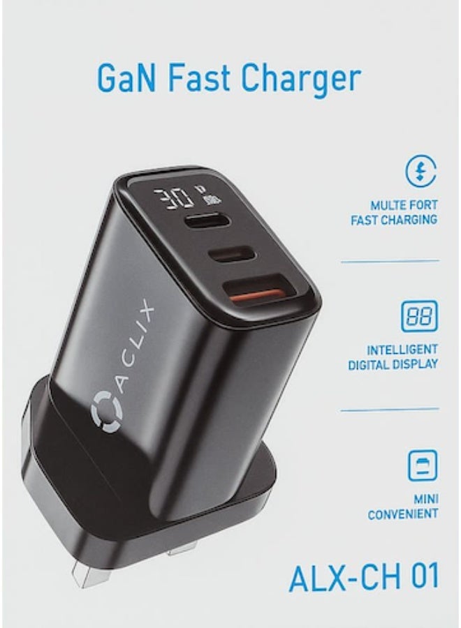ACLIX 3-port 30W fast charger, GaN multi-port wall charger with 2 USB-C ports, 1 USB-A port, and UK plug connectors - Image 1
