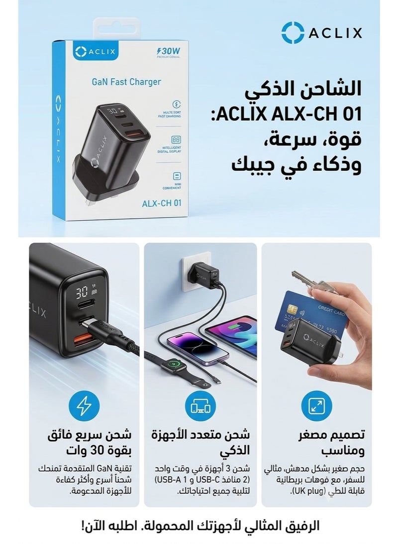 ACLIX 3-port 30W fast charger, GaN multi-port wall charger with 2 USB-C ports, 1 USB-A port, and UK plug connectors - Image 2