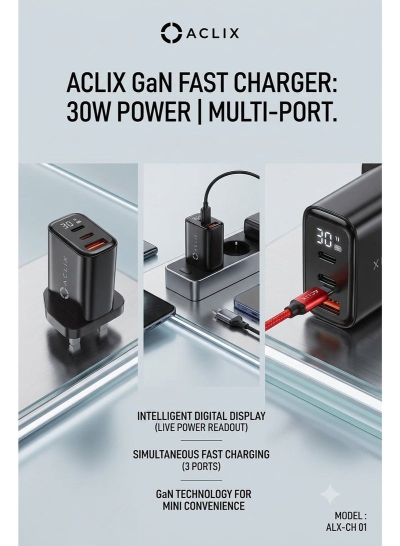 ACLIX 3-port 30W fast charger, GaN multi-port wall charger with 2 USB-C ports, 1 USB-A port, and UK plug connectors - Image 3