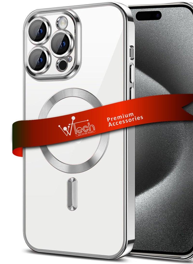 Wtech - Magsafe Shockproof Luxury Plating Hybrid Clear PC Case Cover For Apple iPhone 15 Pro Max 2023 Silver - Image 1