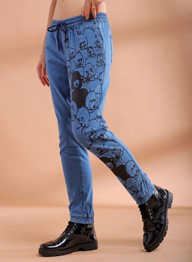 Freehand  Women Regular Fit Placement Print Mid-Rise Denim Joggers for Women | Best Price UAE