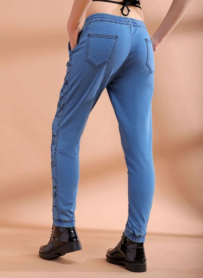 Freehand  Women Regular Fit Placement Print Mid-Rise Denim Joggers for Women | Best Price UAE